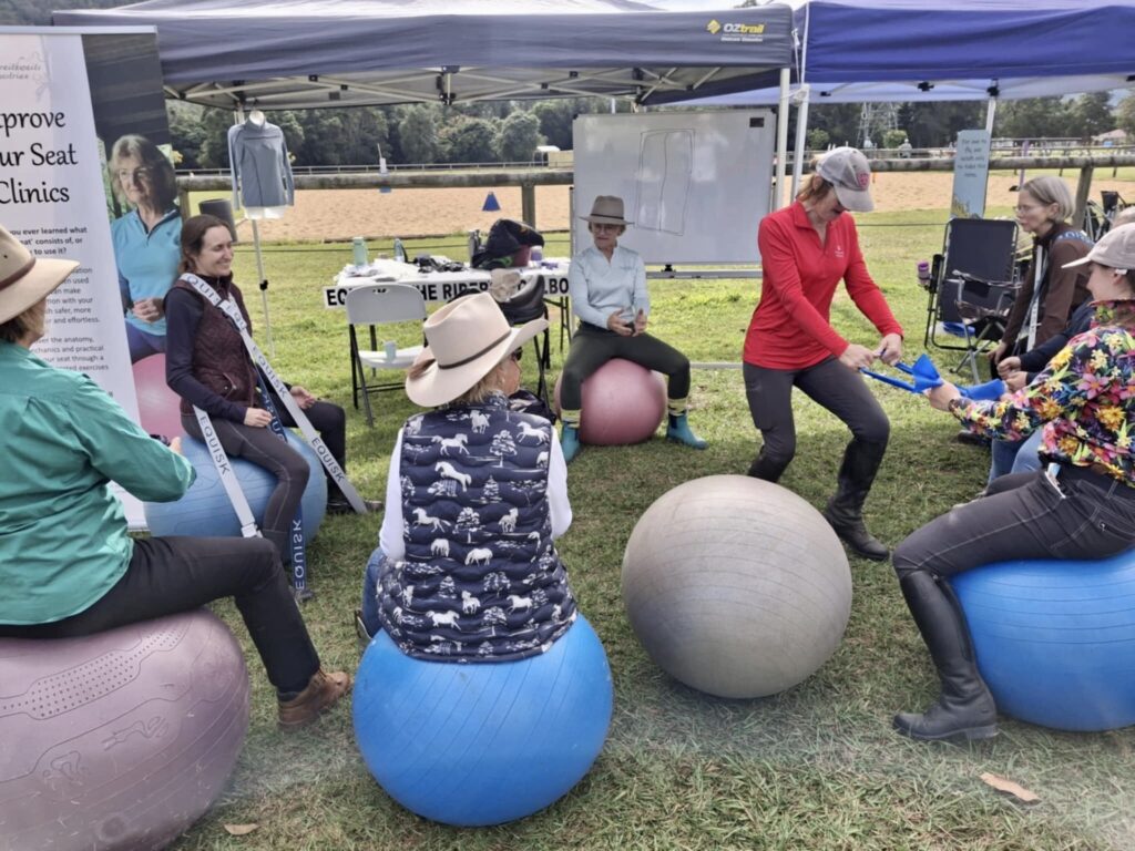 SEG members using exercise balls with horses during an educational clinic